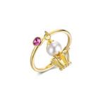 925 Sterling Silver Fashion Plated Gold Crown Pearl Adjustable Ring With Purple Austrian Element Crystal Golden - One Size