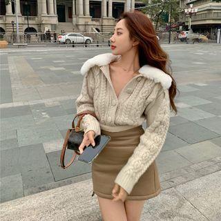 Fluffy Collar Sweater / Faux Leather Mini Pencil Skirt
