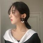 Faux Pearl Flower Earring Silver Needle - White Faux Pearl - Flower - Black - One Size