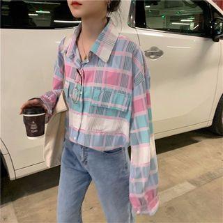 Long-sleeve Plaid Shirt Plaid - Pink - One Size