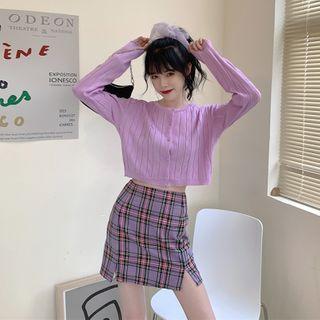 Cropped Cable Knit Top / Plaid Mini Pencil Skirt