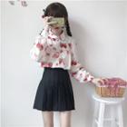 Strawberry Print Shirt / Pleated Mini Skirt