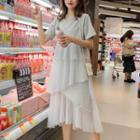 Short-sleeve Mesh Panel Tiered T-shirt Dress