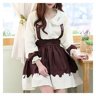Set: Frill-trim Embroidered Blouse + Suspender Skirt