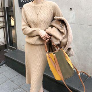 Set; Textured Knit Top + Rib-knit Skirt