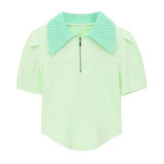 Short-sleeve Half-zip Collared Top Green - One Size