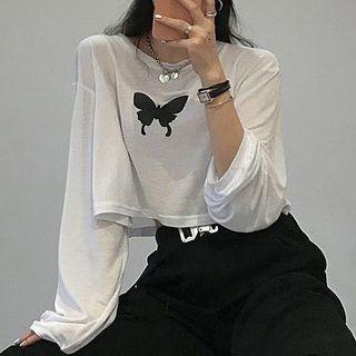 Long-sleeve Butterfly Print Cropped T-shirt