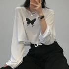 Long-sleeve Butterfly Print Cropped T-shirt