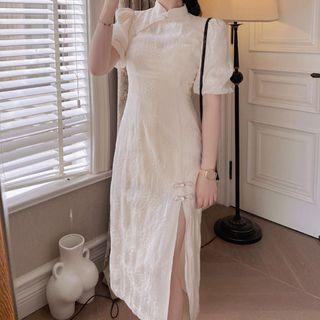 Elbow-sleeve Mandarin Collar Slit A-line Dress