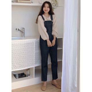 Stitched Denim Suspender Pants One Size