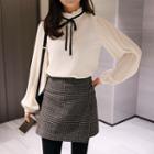 Velvet Tie-neck Pleat-sleeve Blouse