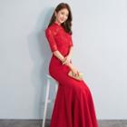 Mesh Panel Mandarin Collar Elbow Sleeve Evening Gown