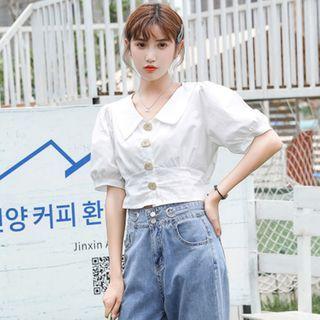 Puff-sleeve Bow-back Cropped Blouse White - One Size