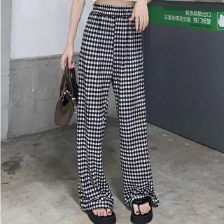 High-waist Plaid Straight Cut Slit Pants Black - One Size