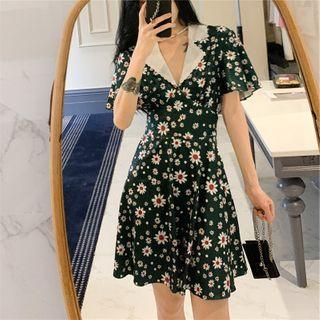 Lace Trim Collared Printed A-line Dress