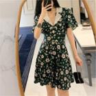 Lace Trim Collared Printed A-line Dress