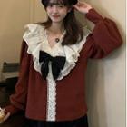 V-neck Bow Accent Lace Panel Sweater Red - One Size
