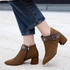 Suede Studded Buckled Block Heel Pointed Ankle Boots