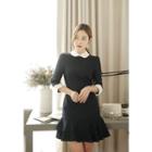 Contrast-collar Ruffle-hem A-line Dress