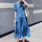 Short-sleeve Bow Detail Denim Midi Smock Dress