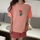 Flower Print Elbow-sleeve T-shirt / High-waist Mini A-line Skirt