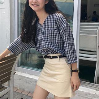 Check 3/4-sleeve Top Black - One Size