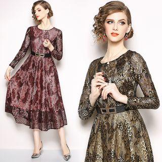 Long-sleeve Midi A-line Lace Dress With Belt