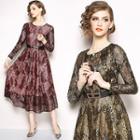 Long-sleeve Midi A-line Lace Dress With Belt