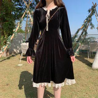 Ruffle Trim Velvet Long-sleeve Dress