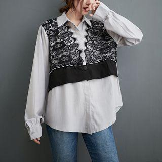 Long-sleeve Lace Panel Shirt White Gray & Black - One Size