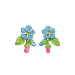 Fashion And Elegant Plated Gold Enamel Blue Flower Stud Earrings With Yellow Cubic Zirconia Golden - One Size