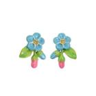 Fashion And Elegant Plated Gold Enamel Blue Flower Stud Earrings With Yellow Cubic Zirconia Golden - One Size
