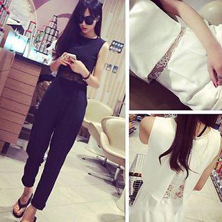 Mesh Trim Sleeveless Jumpsuit