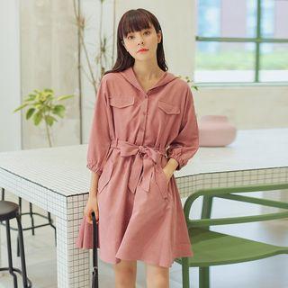 Elbow-sleeve Drawstring Waist Plain Dress
