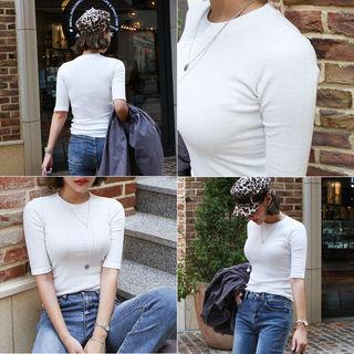 Elbow-sleeve Textured T-shirt