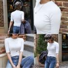 Elbow-sleeve Textured T-shirt