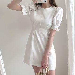 Crew-neck Puff-sleeve Mini A-line Dress