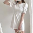 Crew-neck Puff-sleeve Mini A-line Dress