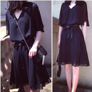 V-neck Elbow-sleeve Chiffon A-line Dress