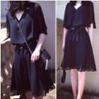 V-neck Elbow-sleeve Chiffon A-line Dress