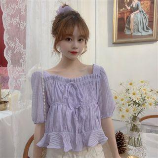 Smocked Elbow-sleeve Chiffon Blouse
