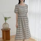 Square-neck Long Plaid Dress Beige - One Size