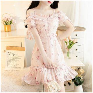 Short-sleeve Cold-shoulder Floral Chiffon A-line Mini Dress