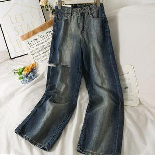 Washed Cutout Straight-cut Loose Jeans
