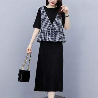 Short-sleeve Plain Midi Dress / Gingham Vest