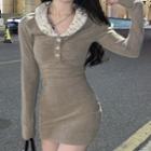 Long-sleeve Collared Mini Bodycon Dress Gray - One Size