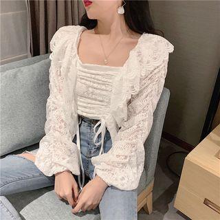Ruffled Drawstring Cropped Lace Blouse
