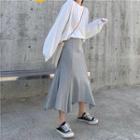 Long-sleeve Plain T-shirt / Asymmetric Hem Midi Skirt