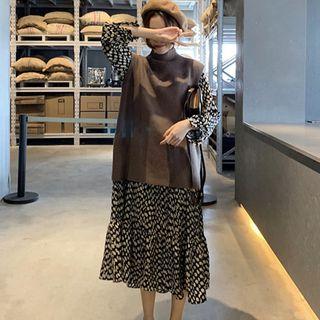 Mock-neck Vest / Long-sleeve Midi Dress