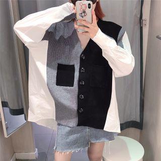 V-neck Paneled Cardigan Dark Gray - One Size